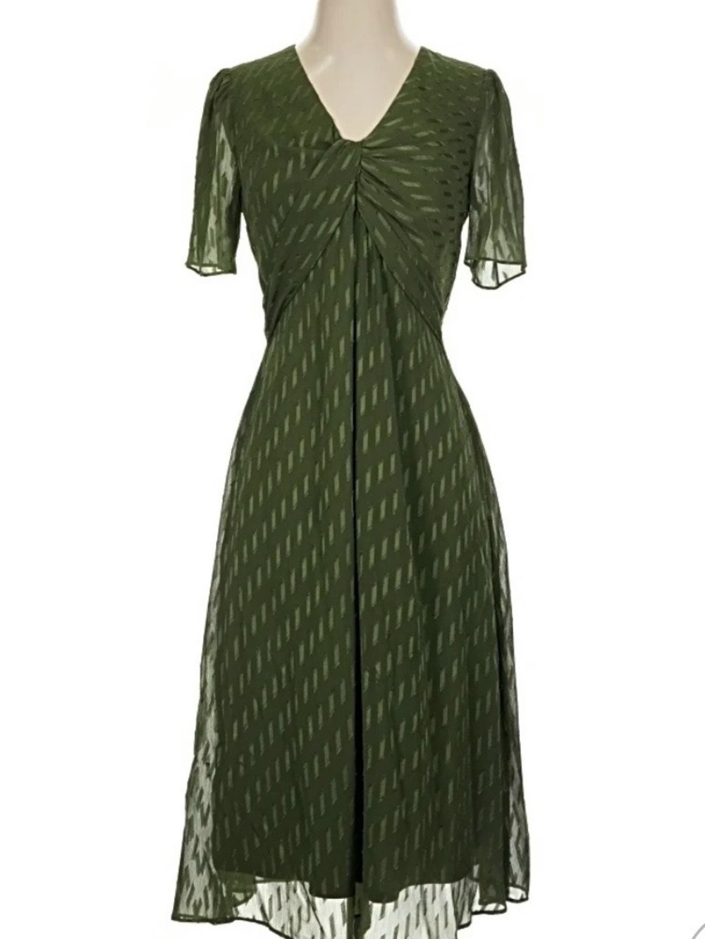 London Times Olive Green V-Neck Twist Front Cocktail Midi Dress NWT